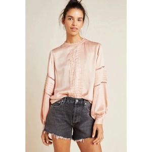 By Anthropologie Blush Satin Pleated Blouse